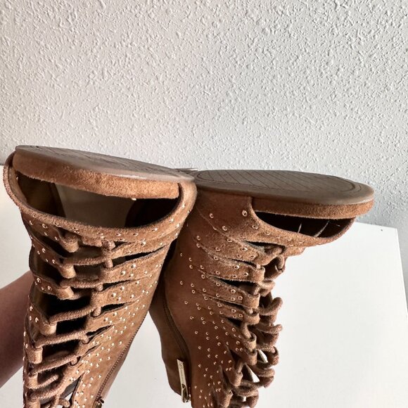 JESSICA SIMPSON | Barlette Brown Studded Open Toe Lace Up Wedge Bootie | Brown - Picture 8 of 10